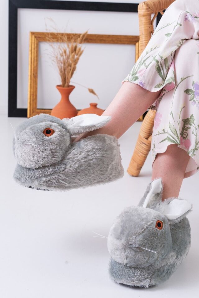 Tavşan Figürlü Gri Peluş Panduf Ev Pandufu Unisex GRİ - 38-40