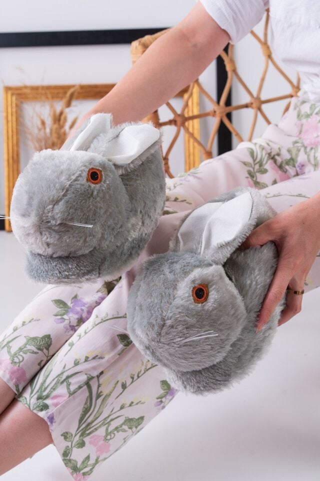 Tavşan Figürlü Gri Peluş Panduf Ev Pandufu Unisex GRİ - 36-38