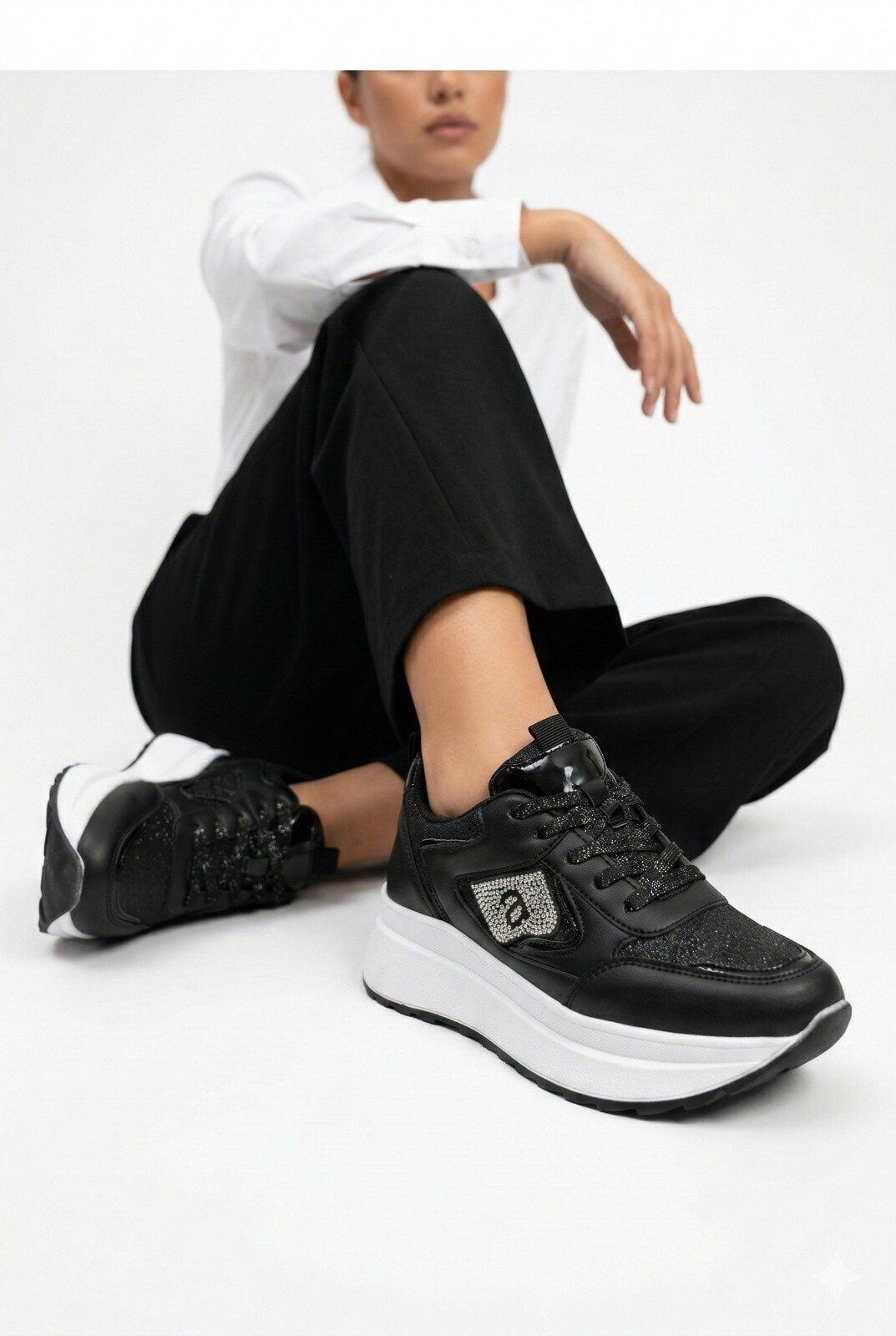Taşlı Işıltılı Trend 5 Cm Platform Kadın Sneaker Kalın taban Spor Ayakkabı SİYAH-BEYAZ - 40