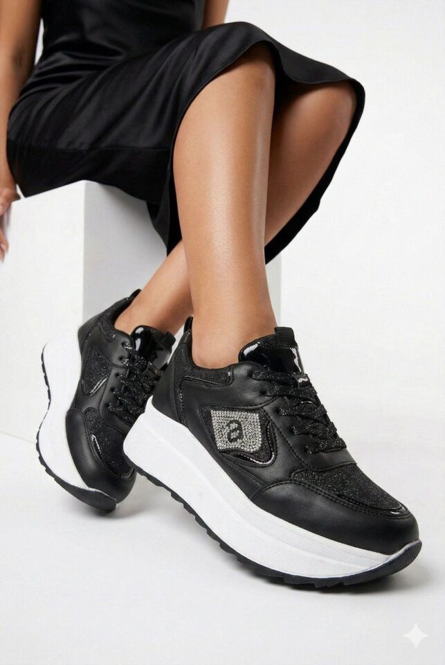 Taşlı Işıltılı Trend 5 Cm Platform Kadın Sneaker Kalın taban Spor Ayakkabı SİYAH-BEYAZ - 40