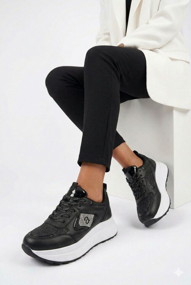 Taşlı Işıltılı Trend 5 Cm Platform Kadın Sneaker Kalın taban Spor Ayakkabı SİYAH-BEYAZ - 40