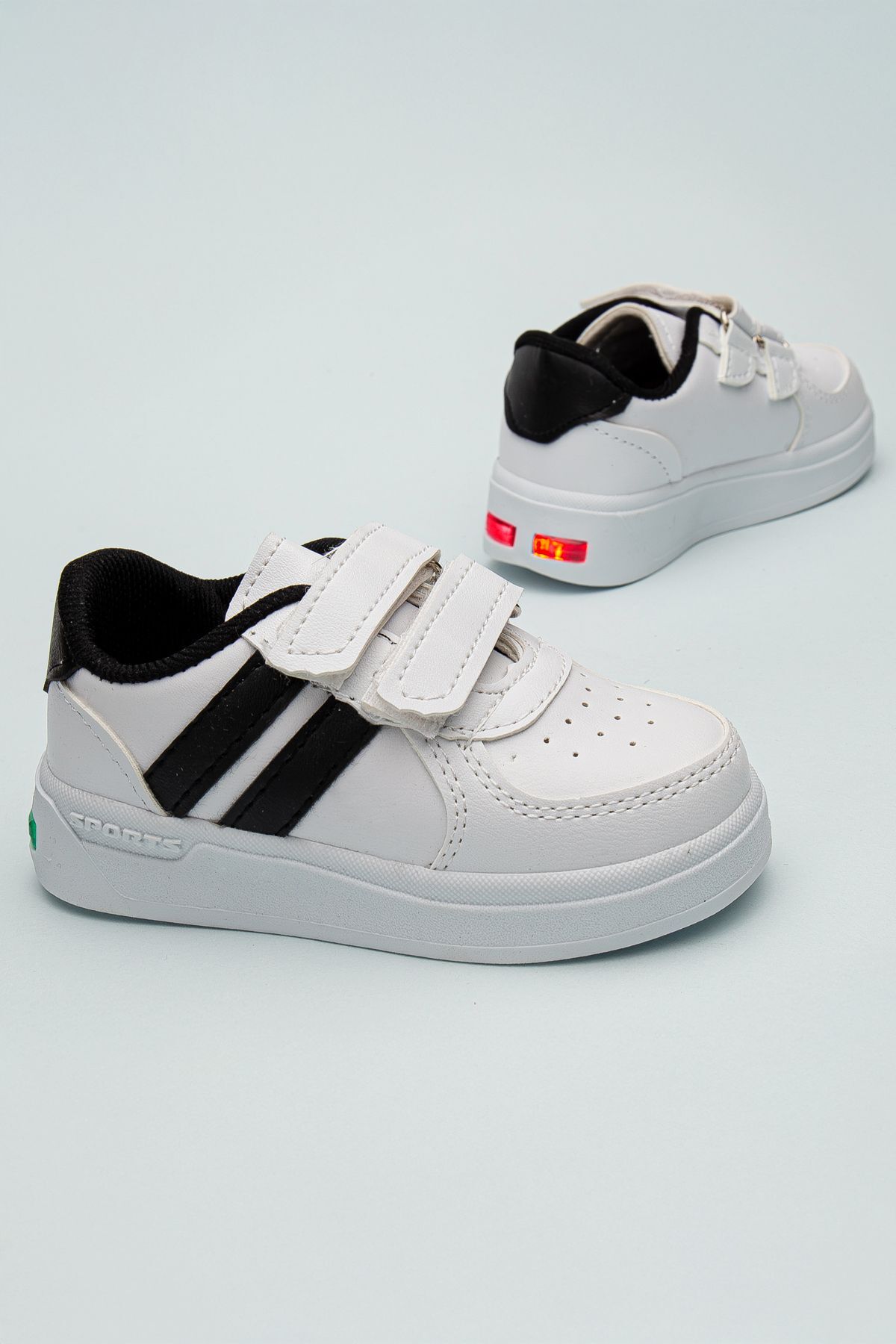 Kids Rahat Unisex Bebek Cırt Cırtlı Işıklı Çocuk Sneaker -Spor Ayakkabı BEYAZ-SİYAH - 30