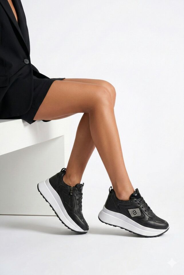 Taşlı Işıltılı Trend 5 Cm Platform Kadın Sneaker Kalın taban Spor Ayakkabı SİYAH-BEYAZ - 40