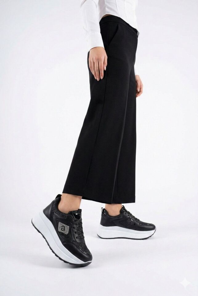 Taşlı Işıltılı Trend 5 Cm Platform Kadın Sneaker Kalın taban Spor Ayakkabı SİYAH-BEYAZ - 40