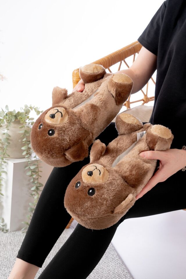 Ayıcık Figürlü Peluş Panduf Ev Pandufu Unisex TABA - 36-38