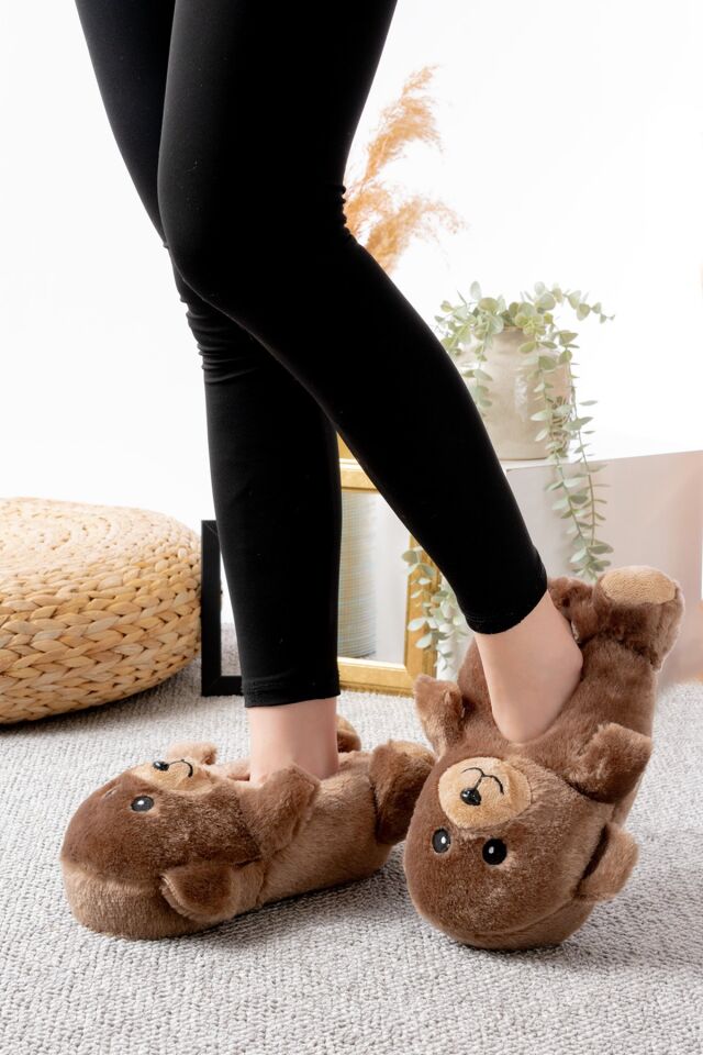 Ayıcık Figürlü Peluş Panduf Ev Pandufu Unisex TABA - 36-38