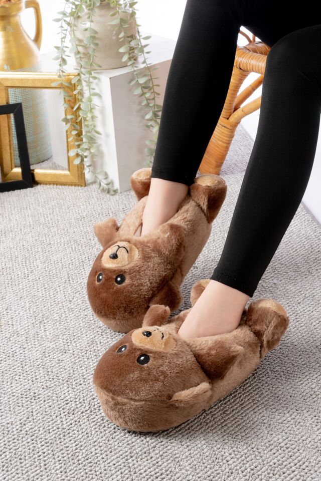 Ayıcık Figürlü Peluş Panduf Ev Pandufu Unisex TABA - 36-38