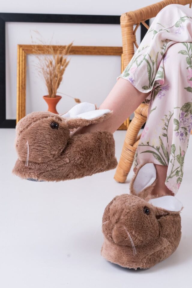 Tavşan Figürlü Gri Peluş Panduf Ev Pandufu Unisex VİZON - 36-38