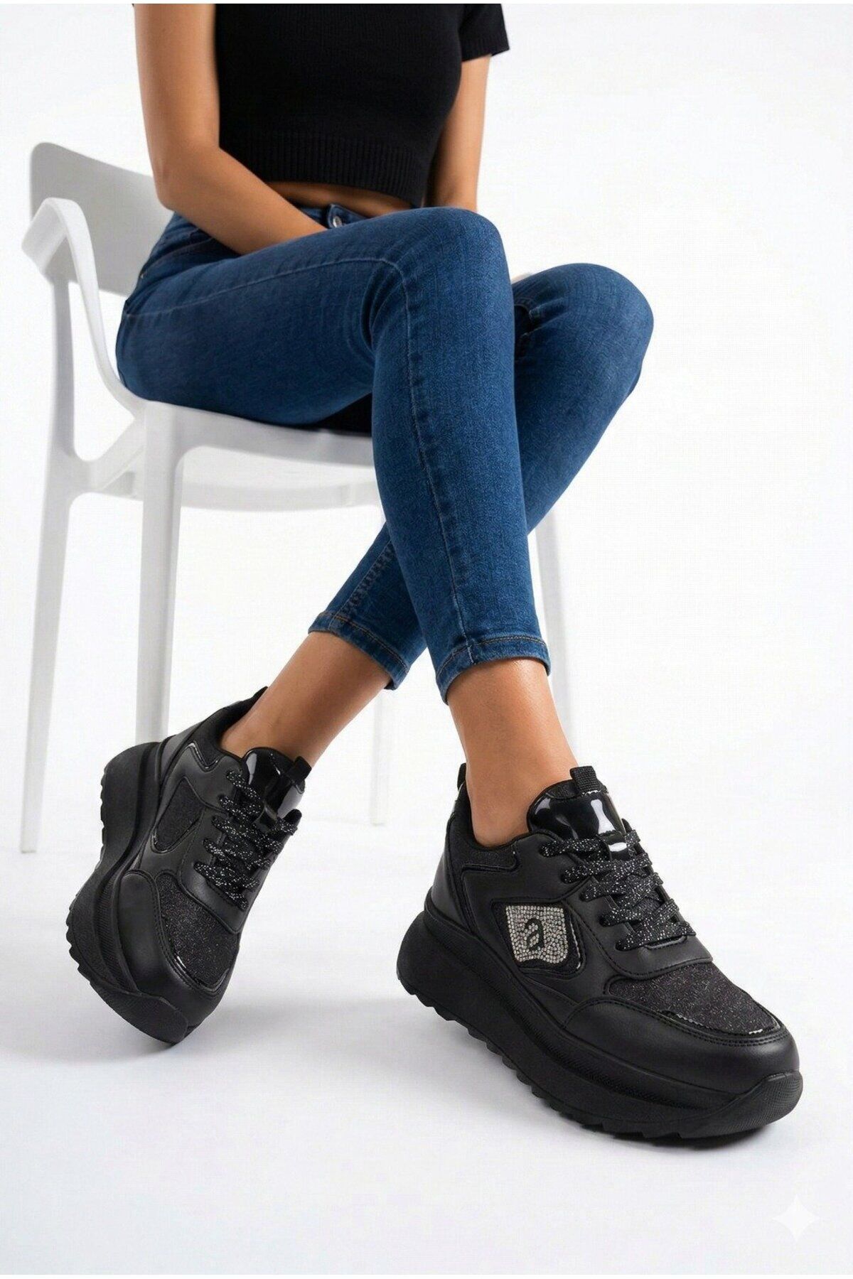 Taşlı Işıltılı Trend 5 Cm Platform Kadın Sneaker Kalın taban Spor Ayakkabı SİYAH-SİYAH - 37