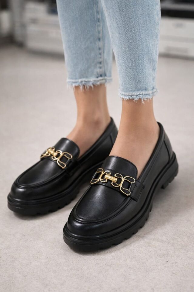 Kadın Kalın Taban Ortopedik Comfort Taban Deri Görünümlü Loafer – Siyah 708-MAT SİYAH - 36