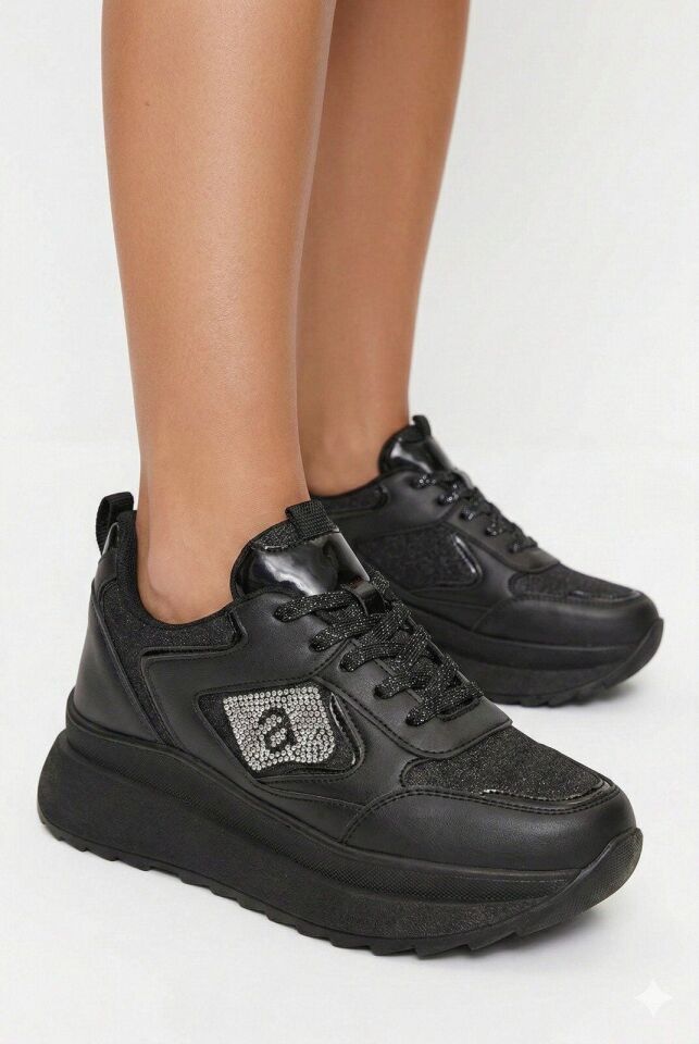Taşlı Işıltılı Trend 5 Cm Platform Kadın Sneaker Kalın taban Spor Ayakkabı SİYAH-SİYAH - 37