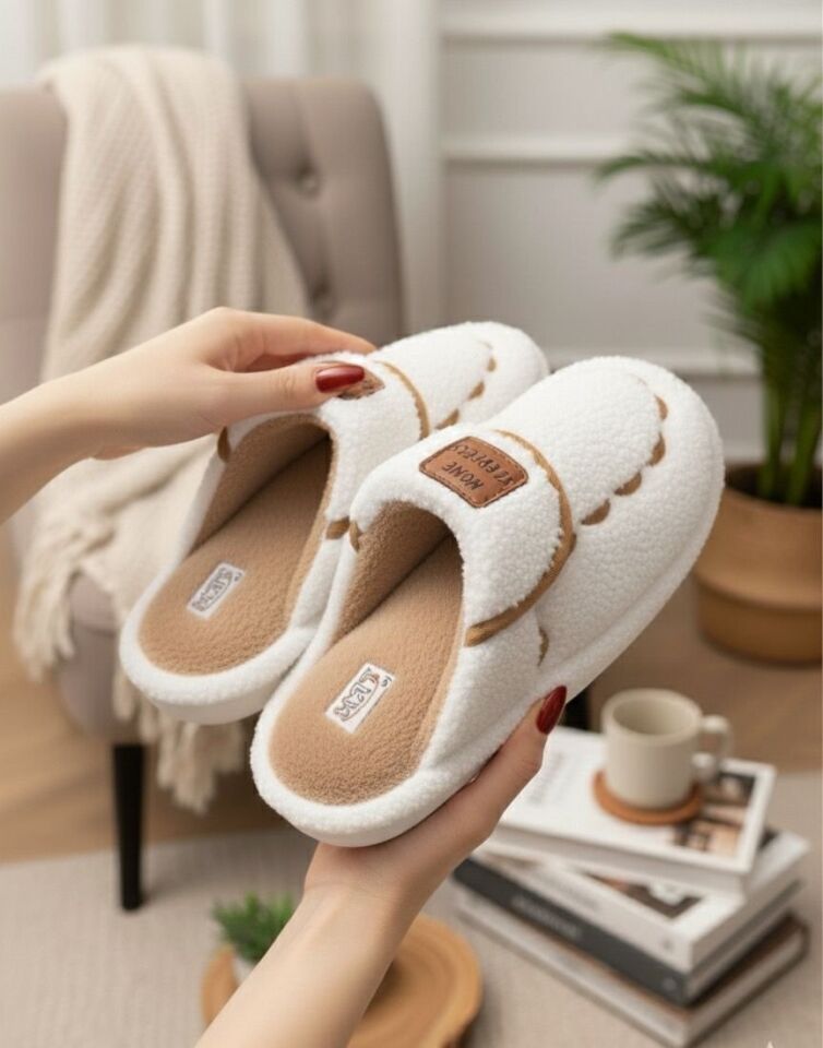 Kadın Desenli Peluş Kaymaz Hafif Tabanlı Tüylü Terlik  Ev Terliği BEYAZ - 40