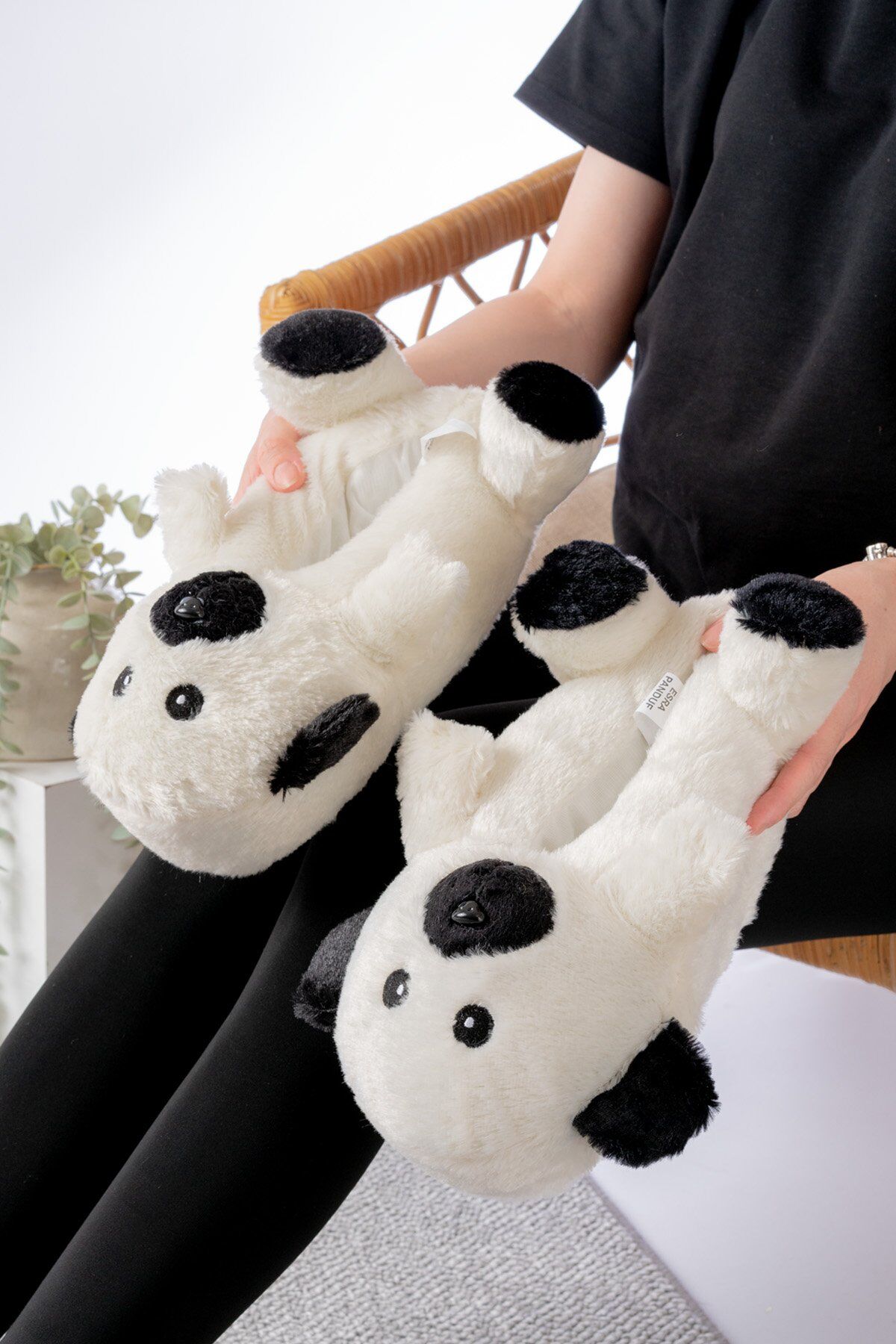 Ayıcık Figürlü Peluş Panduf Ev Pandufu Unisex BEYAZ-SİYAH - 38-40