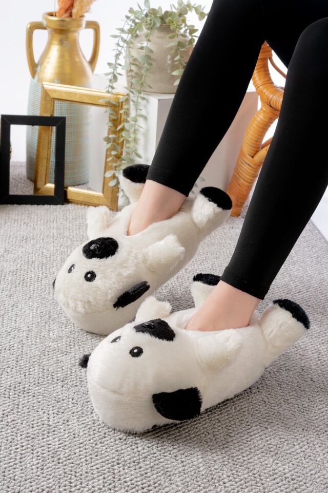 Ayıcık Figürlü Peluş Panduf Ev Pandufu Unisex BEYAZ-SİYAH - 38-40