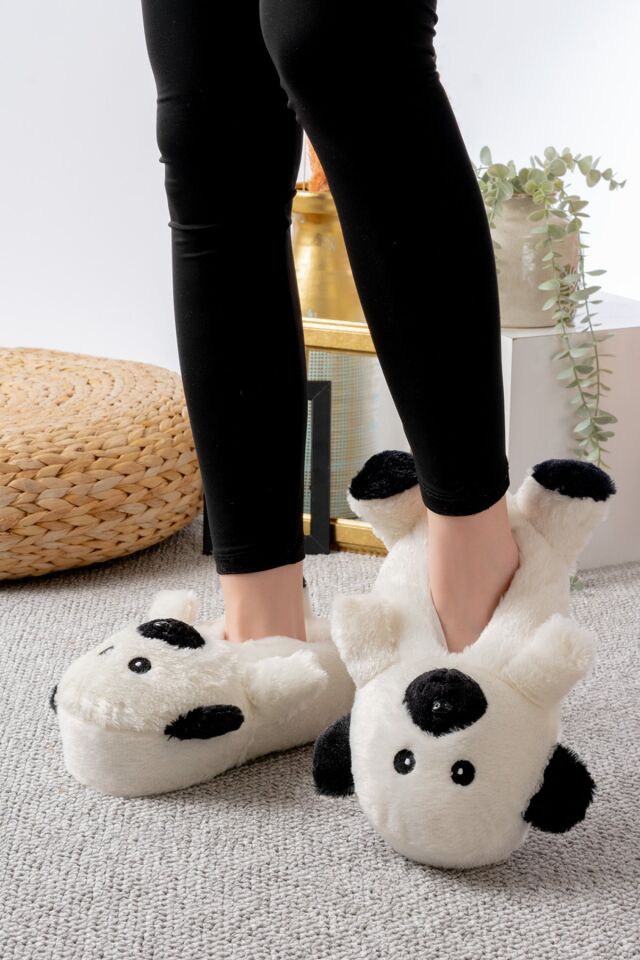 Ayıcık Figürlü Peluş Panduf Ev Pandufu Unisex BEYAZ-SİYAH - 38-40
