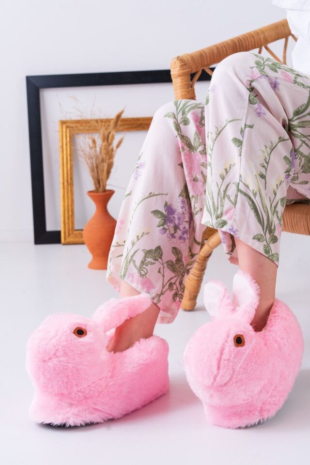 Tavşan Figürlü Gri Peluş Panduf Ev Pandufu Unisex PUDRA - 36-38