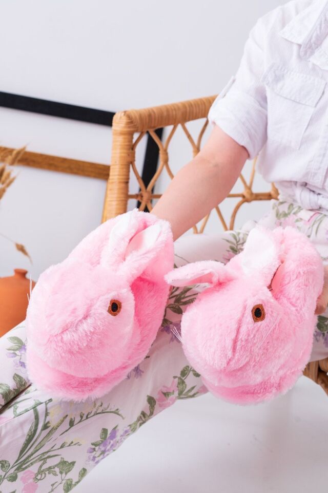 Tavşan Figürlü Gri Peluş Panduf Ev Pandufu Unisex PUDRA - 36-38