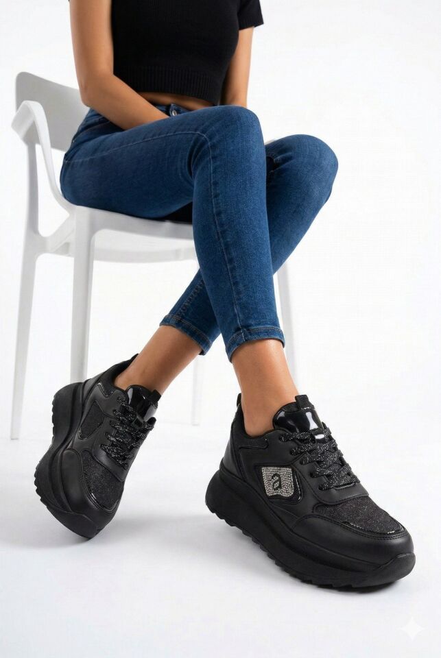 Taşlı Işıltılı Trend 5 Cm Platform Kadın Sneaker Kalın taban Spor Ayakkabı SİYAH-SİYAH - 38