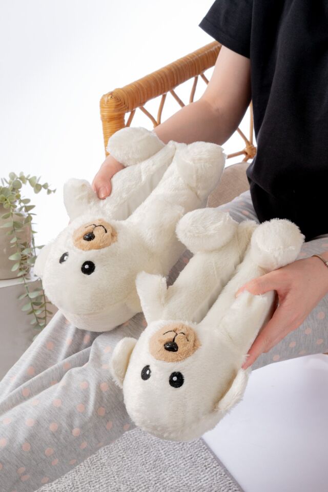 Ayıcık Figürlü Peluş Panduf Ev Pandufu Unisex EKRU - 36-38