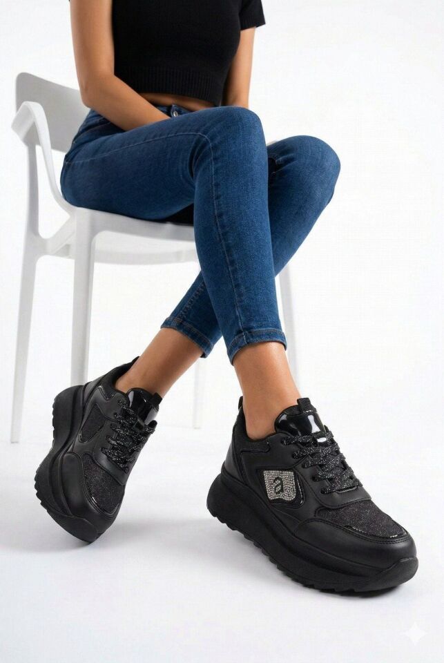 Taşlı Işıltılı Trend 5 Cm Platform Kadın Sneaker Kalın taban Spor Ayakkabı SİYAH-SİYAH - 40