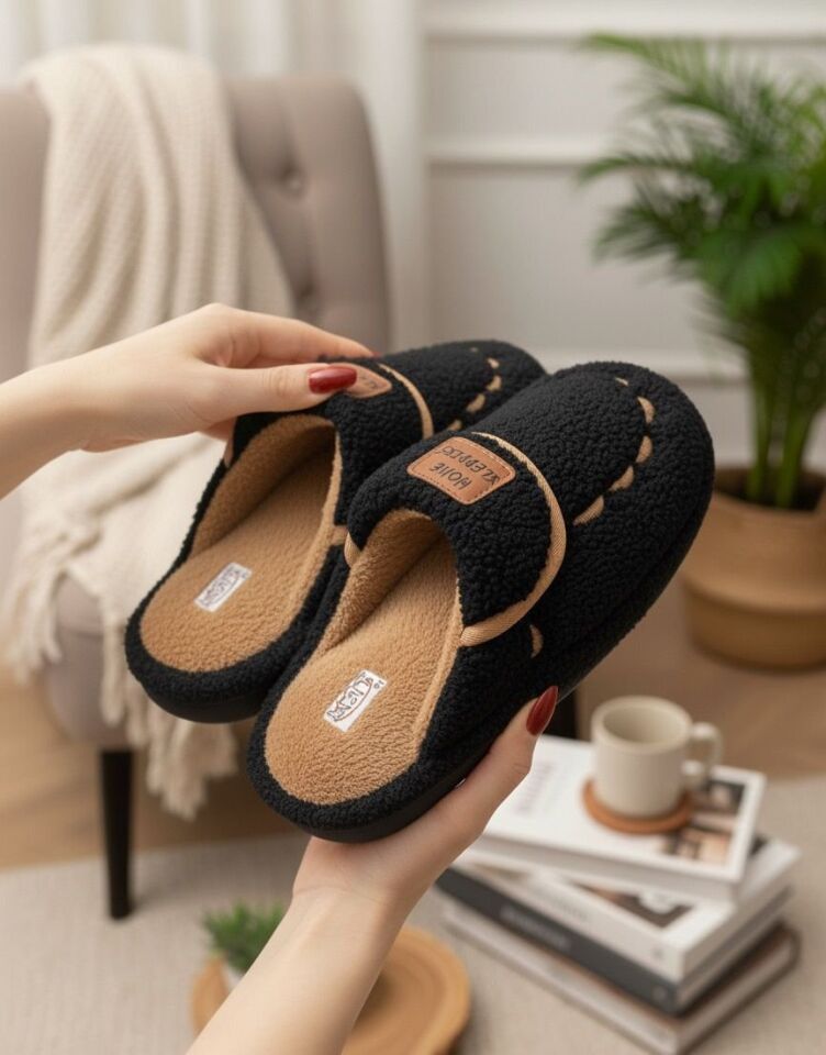 Kadın Desenli Peluş Kaymaz Hafif Tabanlı Tüylü Terlik  Ev Terliği SİYAH - 37