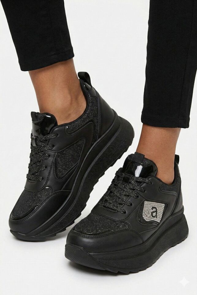 Taşlı Işıltılı Trend 5 Cm Platform Kadın Sneaker Kalın taban Spor Ayakkabı SİYAH-SİYAH - 40