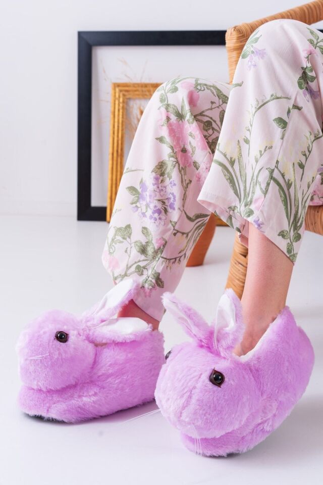 Tavşan Figürlü Gri Peluş Panduf Ev Pandufu Unisex LİLA - 36-38