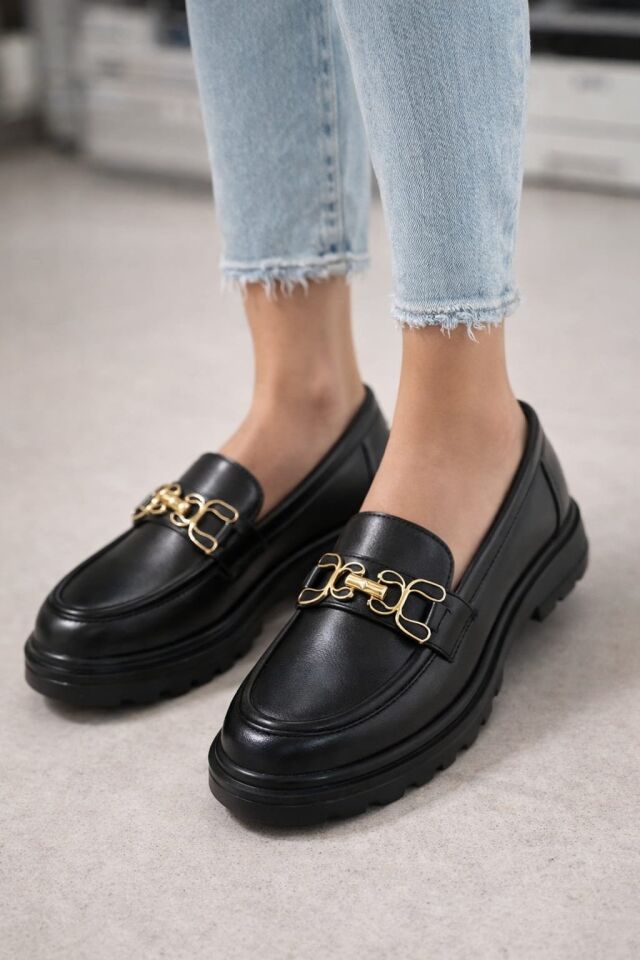 Kadın Kalın Taban Ortopedik Comfort Taban Deri Görünümlü Loafer – Siyah 708-MAT SİYAH - 38