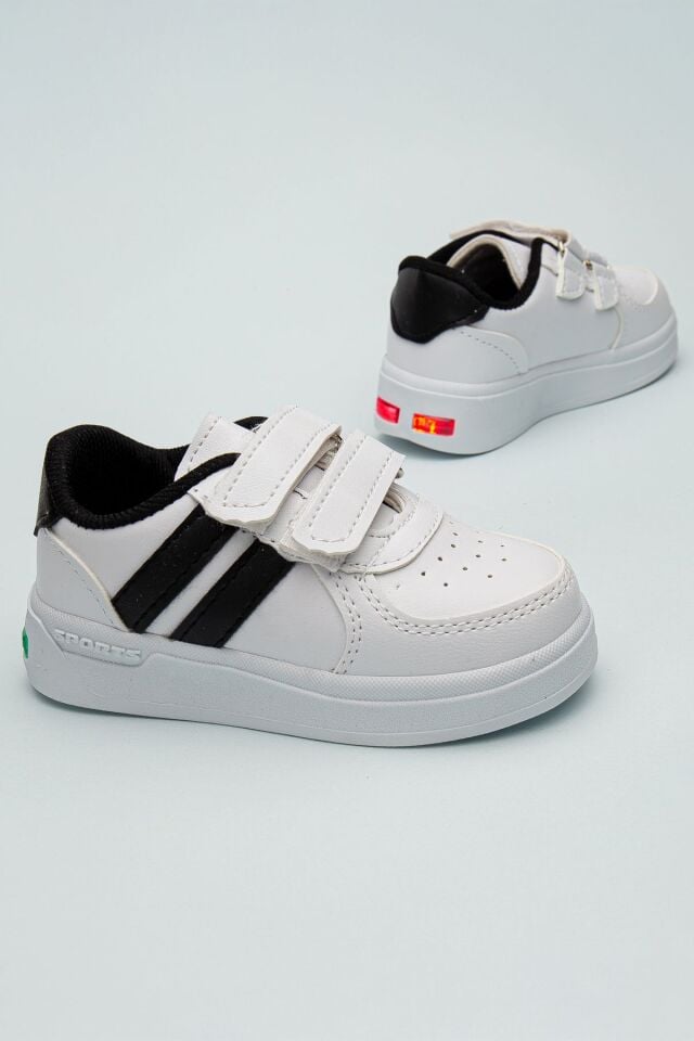 Kids Rahat Unisex Bebek Cırt Cırtlı Işıklı Çocuk Sneaker -Spor Ayakkabı BEYAZ-SİYAH - 29