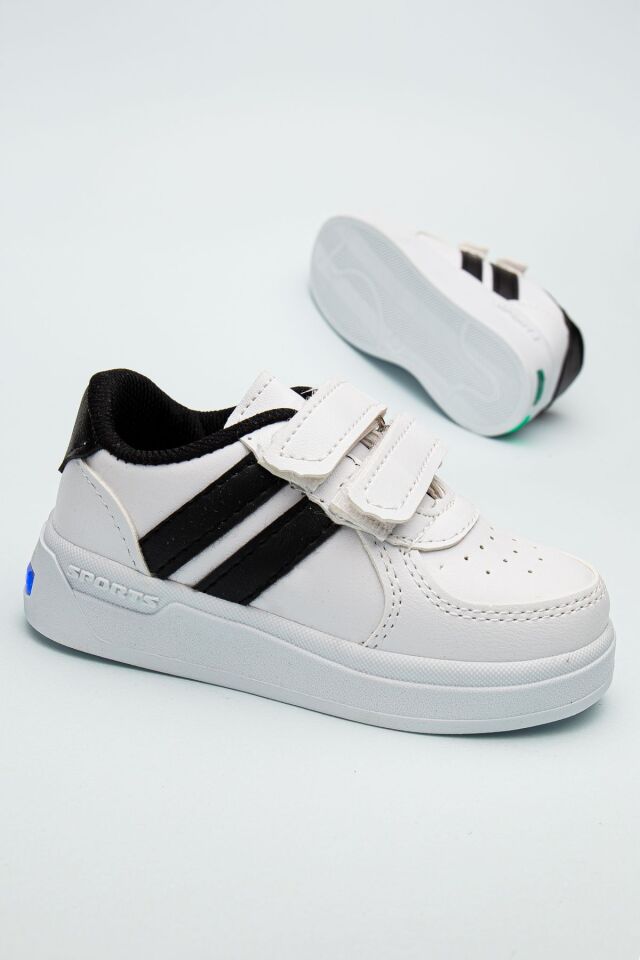 Kids Rahat Unisex Bebek Cırt Cırtlı Işıklı Çocuk Sneaker -Spor Ayakkabı BEYAZ-SİYAH - 29