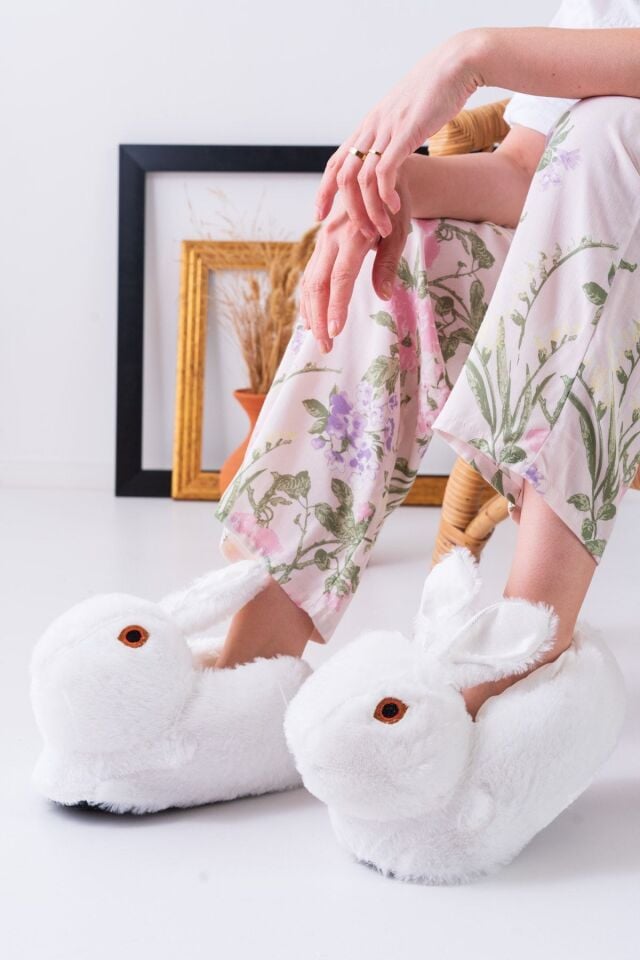 Tavşan Figürlü Gri Peluş Panduf Ev Pandufu Unisex BEYAZ - 38-40