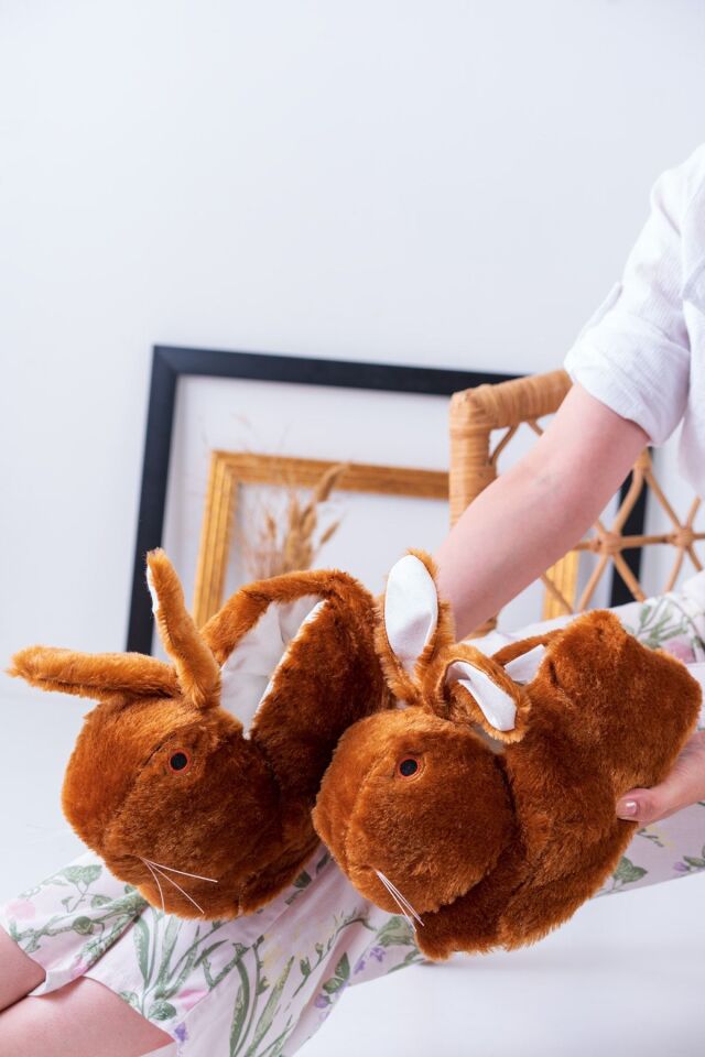 Tavşan Figürlü Gri Peluş Panduf Ev Pandufu Unisex TABA - 38-40