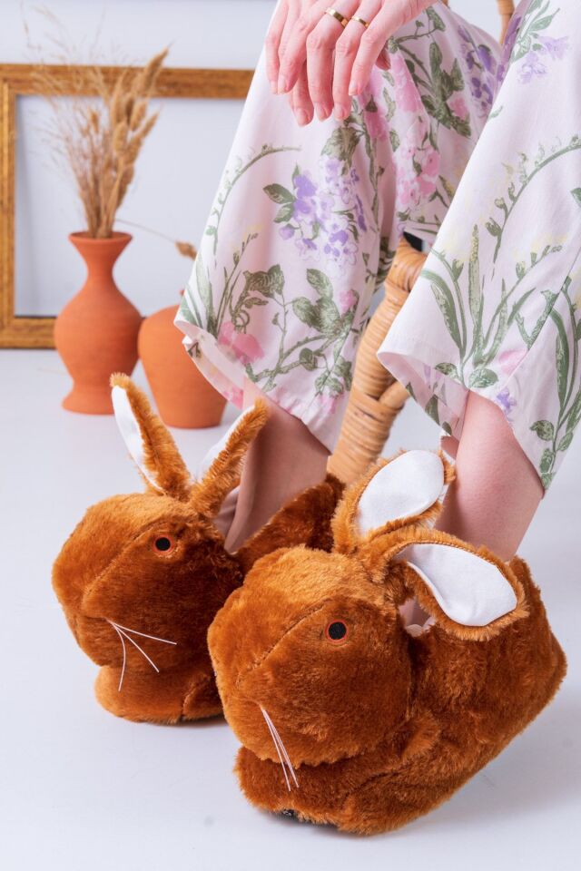 Tavşan Figürlü Gri Peluş Panduf Ev Pandufu Unisex TABA - 38-40