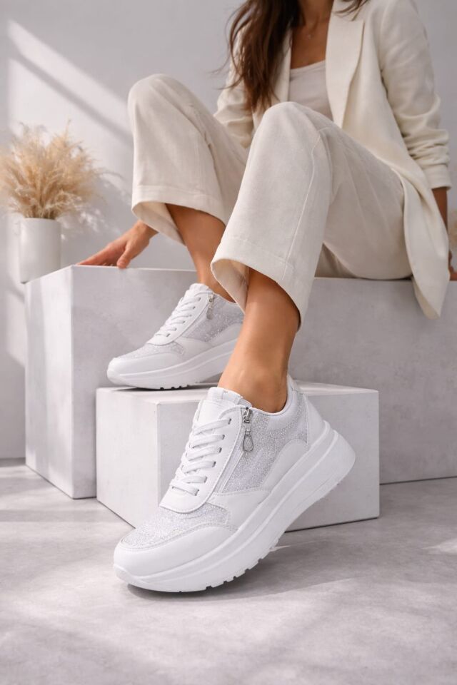 Yan Fermuarlı Işıltılı Trend 5 Cm Platform Kadın Sneaker Spor Ayakkabı BEYAZ-BEYAZ - 36