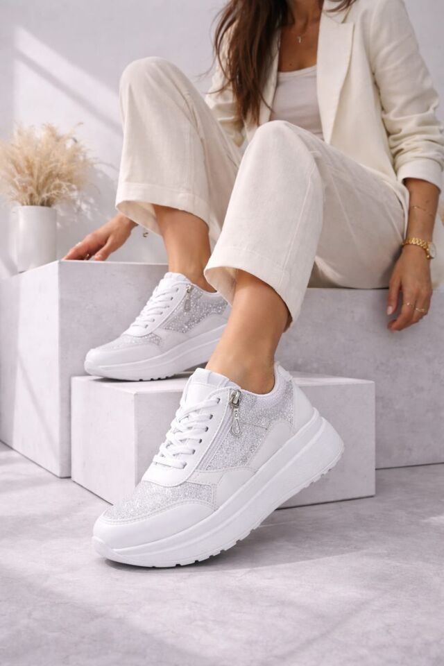 Yan Fermuarlı Işıltılı Trend 5 Cm Platform Kadın Sneaker Spor Ayakkabı BEYAZ-BEYAZ - 36