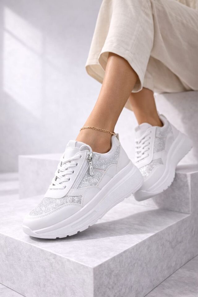 Yan Fermuarlı Işıltılı Trend 5 Cm Platform Kadın Sneaker Spor Ayakkabı BEYAZ-BEYAZ - 36