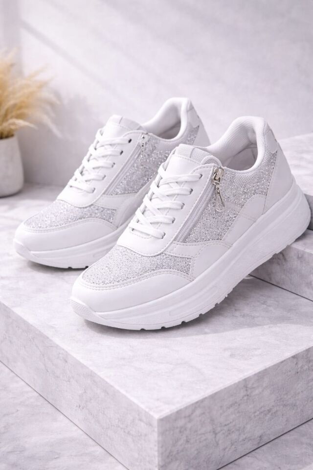 Yan Fermuarlı Işıltılı Trend 5 Cm Platform Kadın Sneaker Spor Ayakkabı BEYAZ-BEYAZ - 36