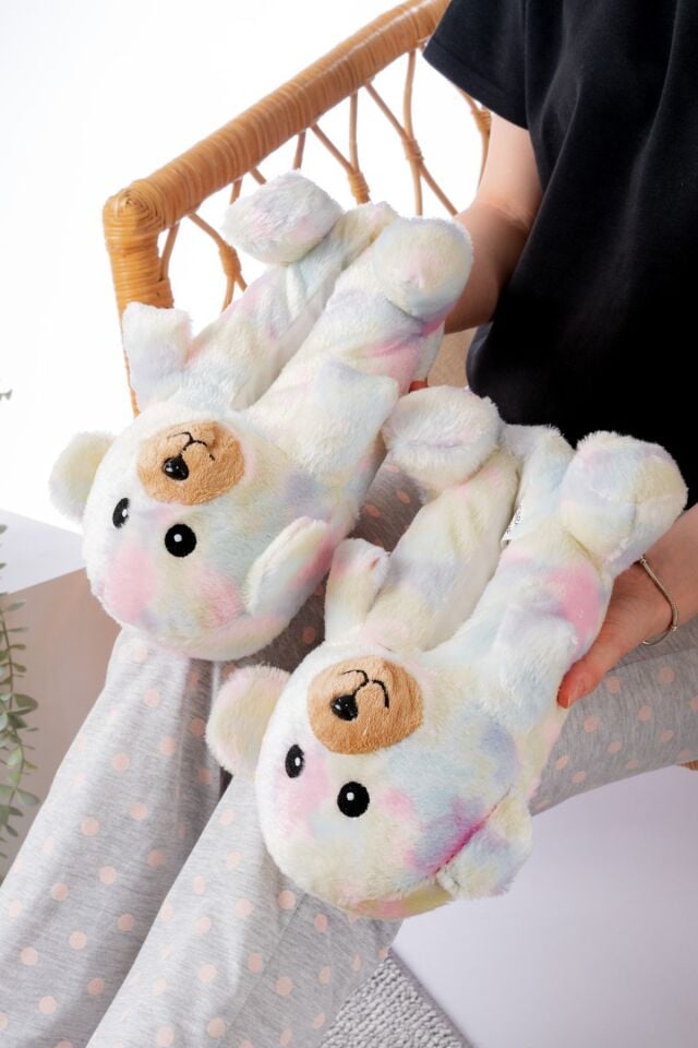 Ayıcık Figürlü Peluş Panduf Ev Pandufu Unisex GÖKKUŞAĞI - 38-40