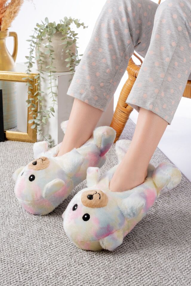 Ayıcık Figürlü Peluş Panduf Ev Pandufu Unisex GÖKKUŞAĞI - 38-40