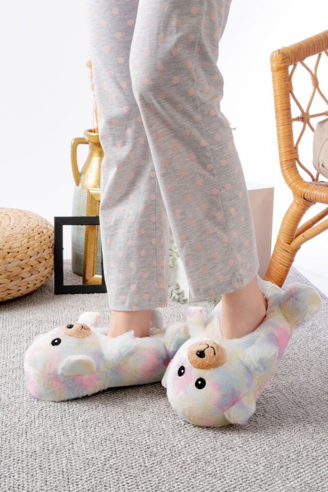 Ayıcık Figürlü Peluş Panduf Ev Pandufu Unisex GÖKKUŞAĞI - 38-40