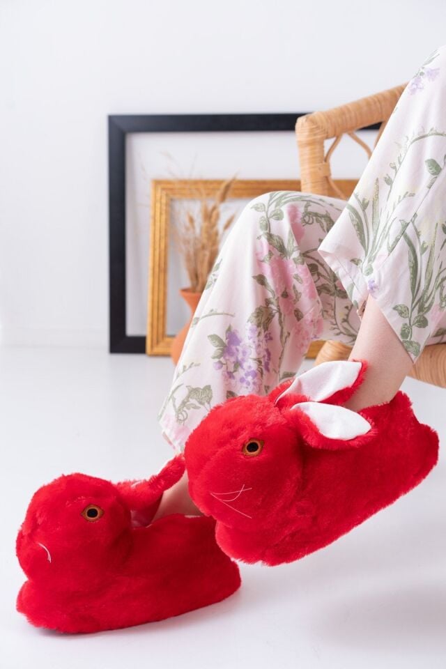 Tavşan Figürlü Gri Peluş Panduf Ev Pandufu Unisex KIRMIZI - 36-38