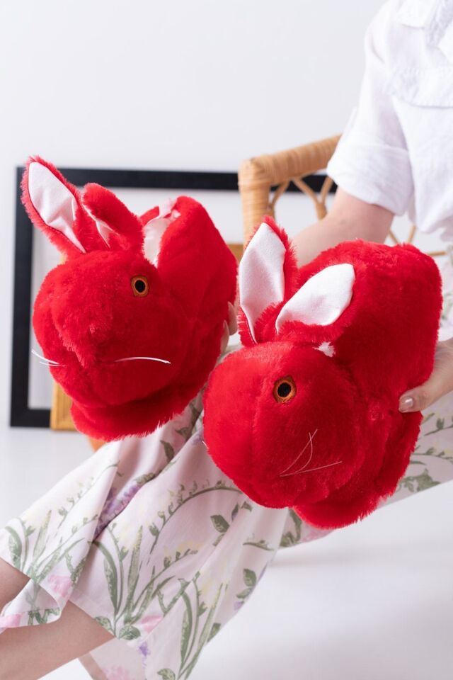 Tavşan Figürlü Gri Peluş Panduf Ev Pandufu Unisex KIRMIZI - 36-38
