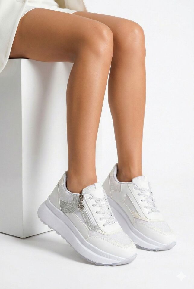 Yan Fermuarlı Işıltılı Trend 5 Cm Platform Kadın Sneaker Spor Ayakkabı BEYAZ-BEYAZ - 37