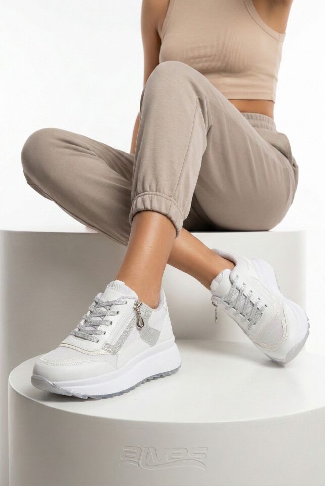 Yan Fermuarlı Işıltılı Trend 5 Cm Platform Kadın Sneaker Spor Ayakkabı BEYAZ-BEYAZ - 37