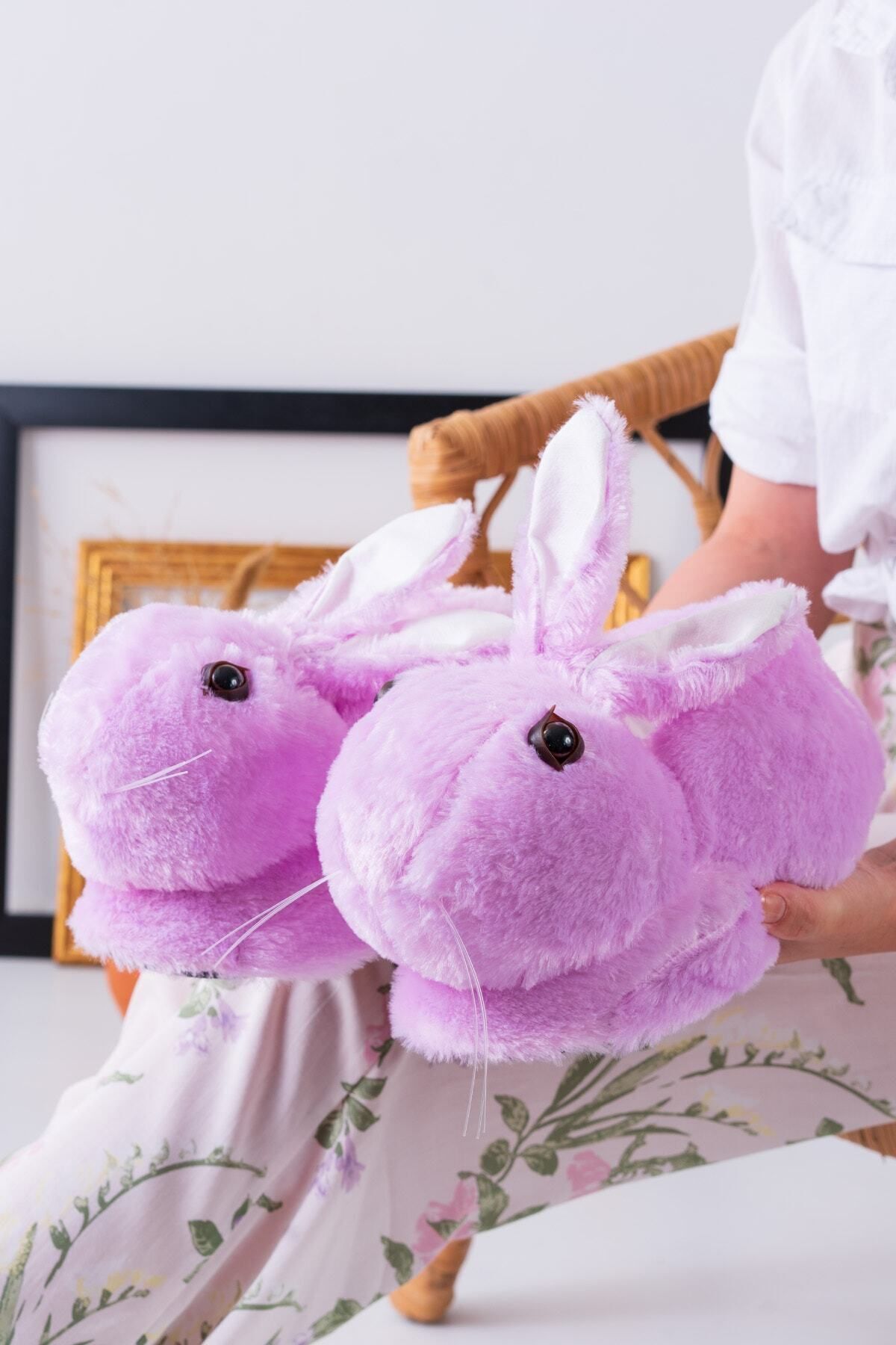 Tavşan Figürlü Gri Peluş Panduf Ev Pandufu Unisex LİLA - 38-40