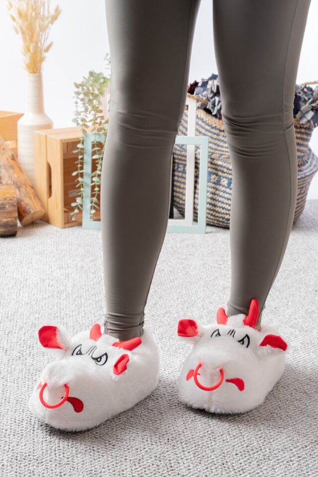 Unisex Hayvanlı Panduf Ev Ayakkabısı Ses Yapmaz Taban BEYAZ - 38-40