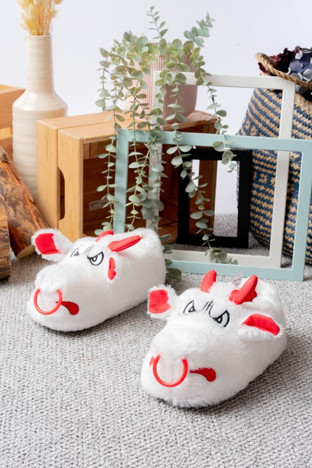 Unisex Hayvanlı Panduf Ev Ayakkabısı Ses Yapmaz Taban BEYAZ - 38-40