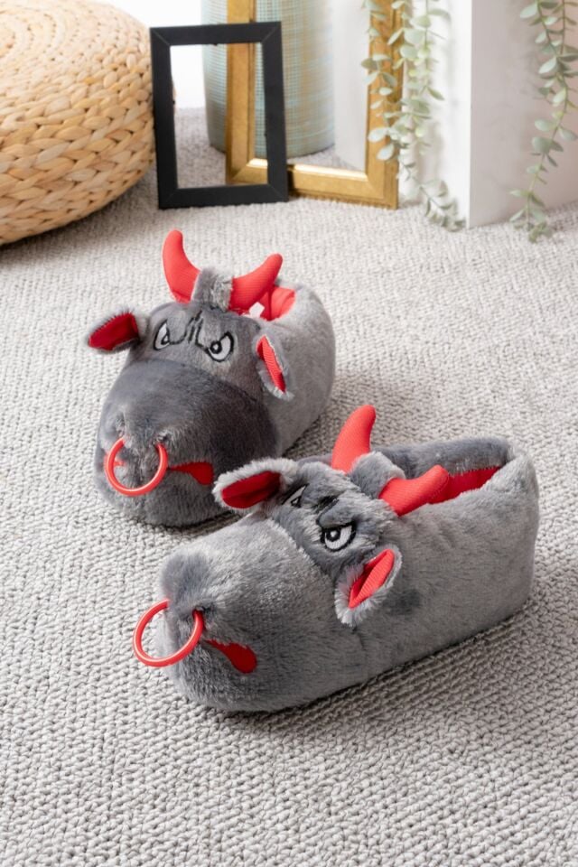 Unisex Hayvanlı Panduf Ev Ayakkabısı Ses Yapmaz Taban YENİ FÜME - 38-40