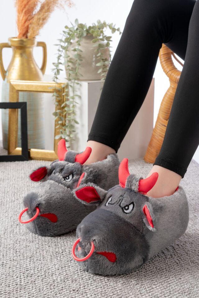 Unisex Hayvanlı Panduf Ev Ayakkabısı Ses Yapmaz Taban YENİ FÜME - 42-44
