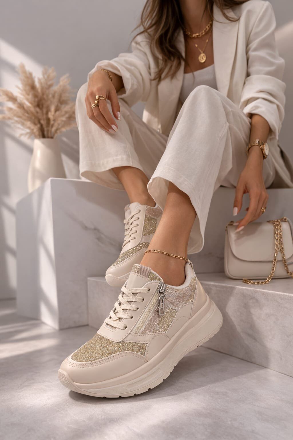 Yan Fermuarlı Işıltılı Trend 5 Cm Platform Kadın Sneaker Spor Ayakkabı KREM - 38